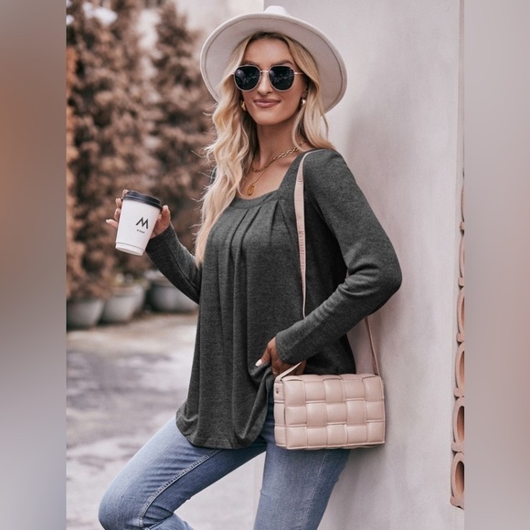 Double Take Pleated Curved Hem Long Sleeve Top - Picture 2 of 4